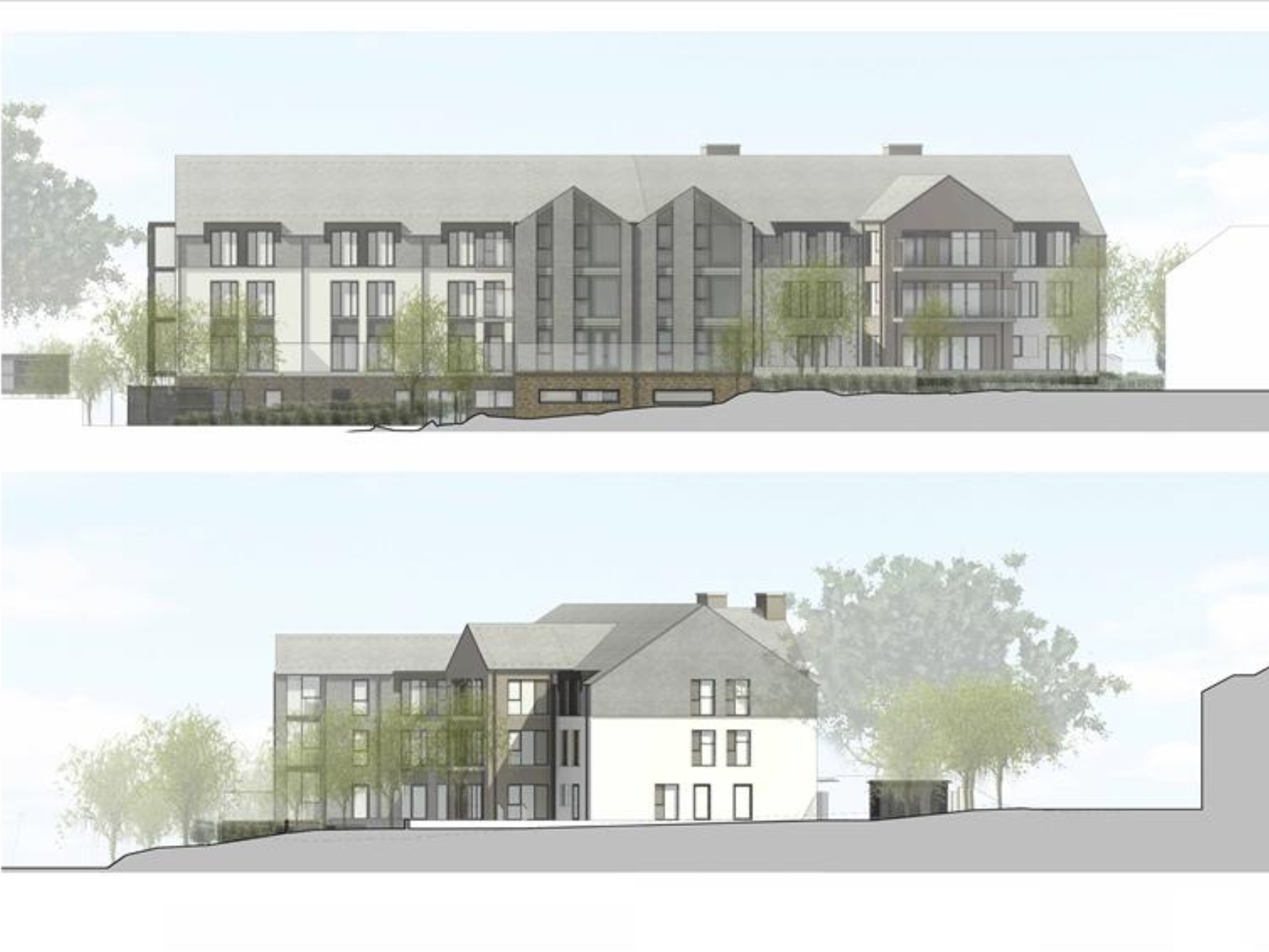 Architectural rendering of a modern multi-story residential building with large windows, balconies, and contrasting li.ght and dark exterior finishes, surrounded by trees and greenery