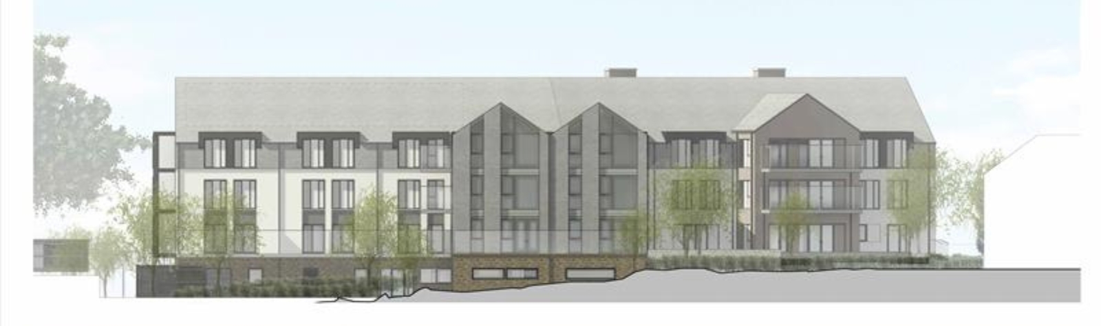 Architectural rendering of a modern multi-story residential building with large windows, balconies, and contrasting li.ght and dark exterior finishes, surrounded by trees and greenery