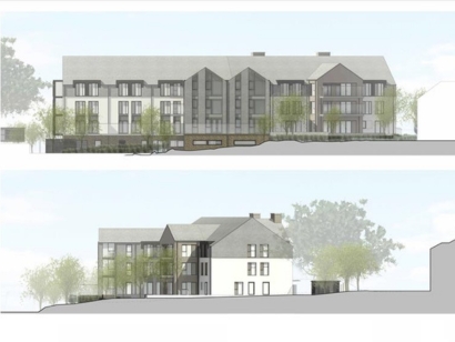 Architectural rendering of a modern multi-story residential building with large windows, balconies, and contrasting li.ght and dark exterior finishes, surrounded by trees and greenery