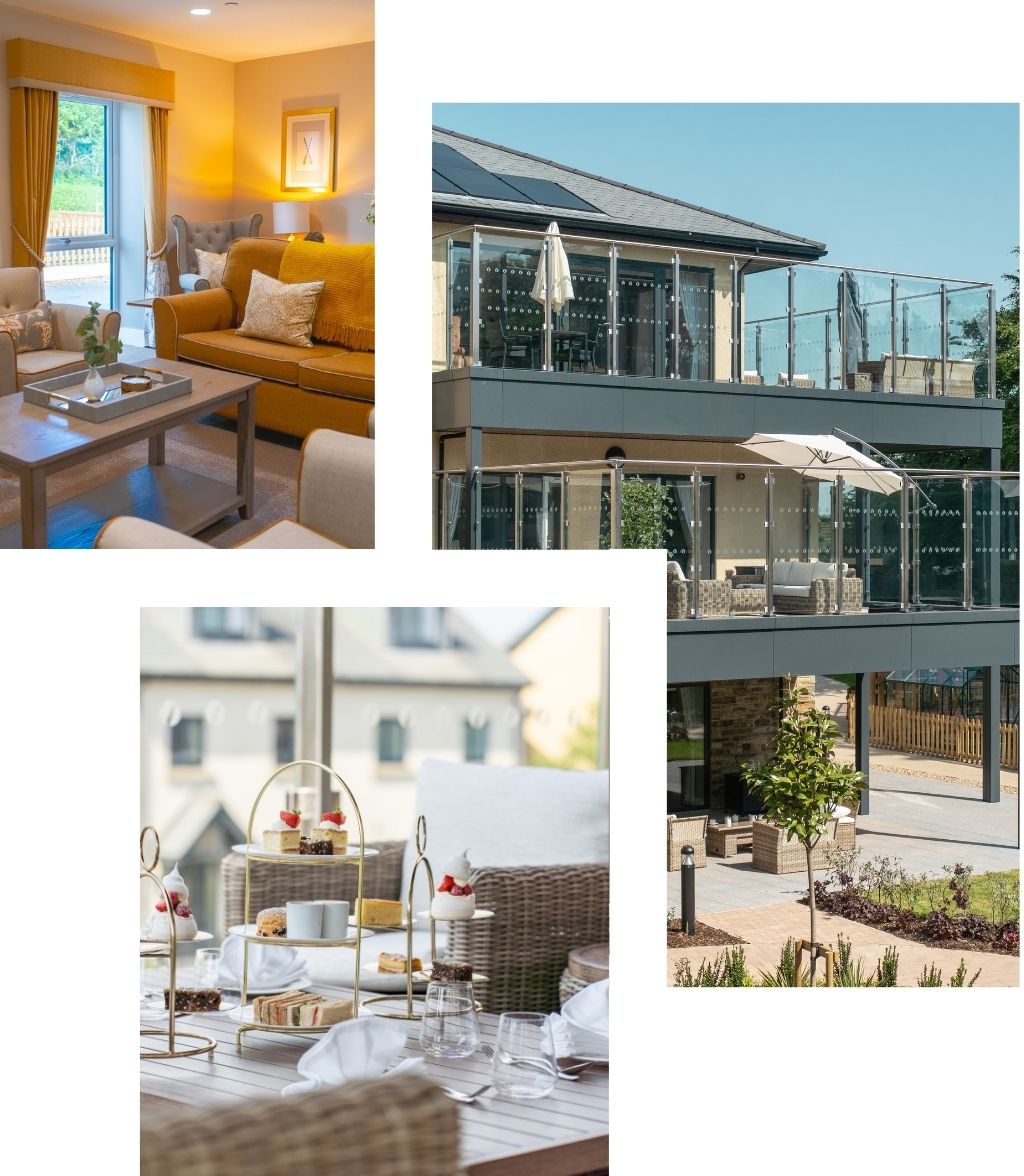 Three images: a dining room, patio area, and various amenities.
